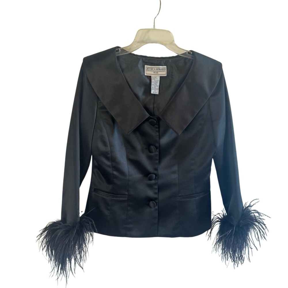Jessica Howard Black Satin Jacket with Feather Cuffs (6P) pristine NWOT